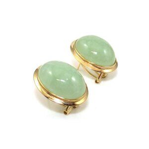 14K Yellow Gold Earrings Green Jade Oval Dome Omega French Clip